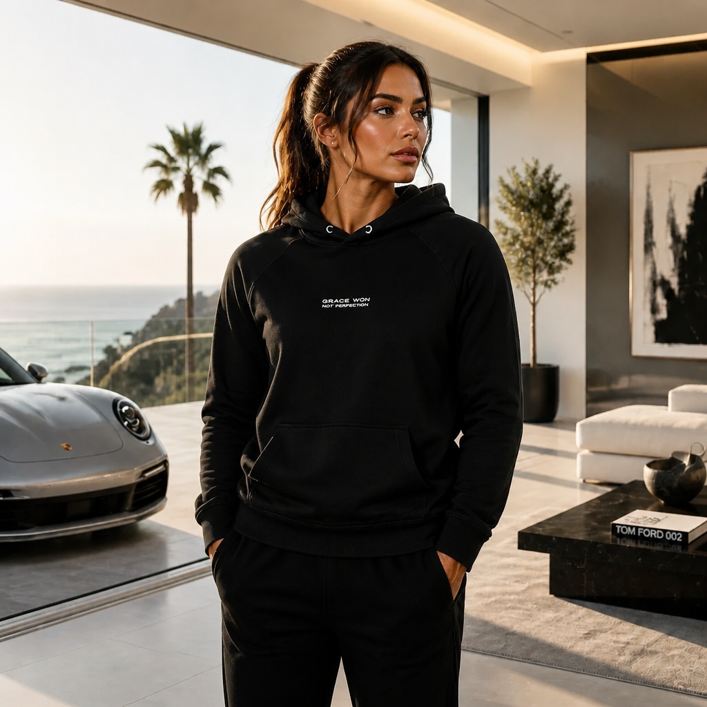 Model wearing Grace Won Christian streetwear hoodie