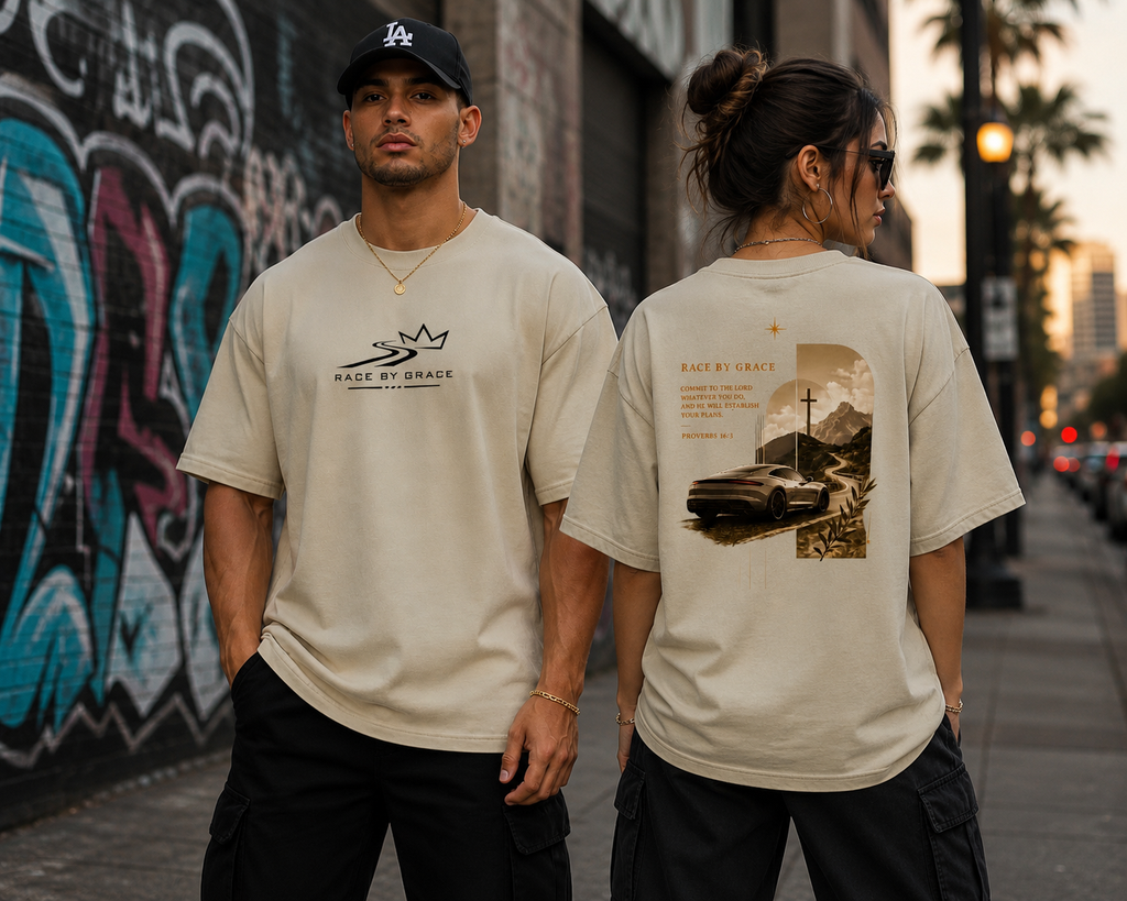 Model wearing Committed Christian streetwear t-shirt