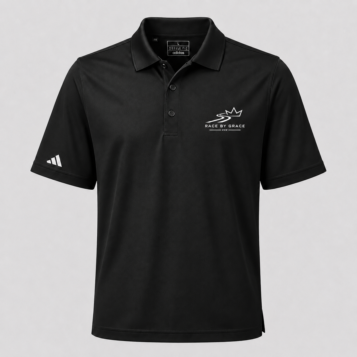 Race by Grace Signature Polo on Addidas Blank, front view