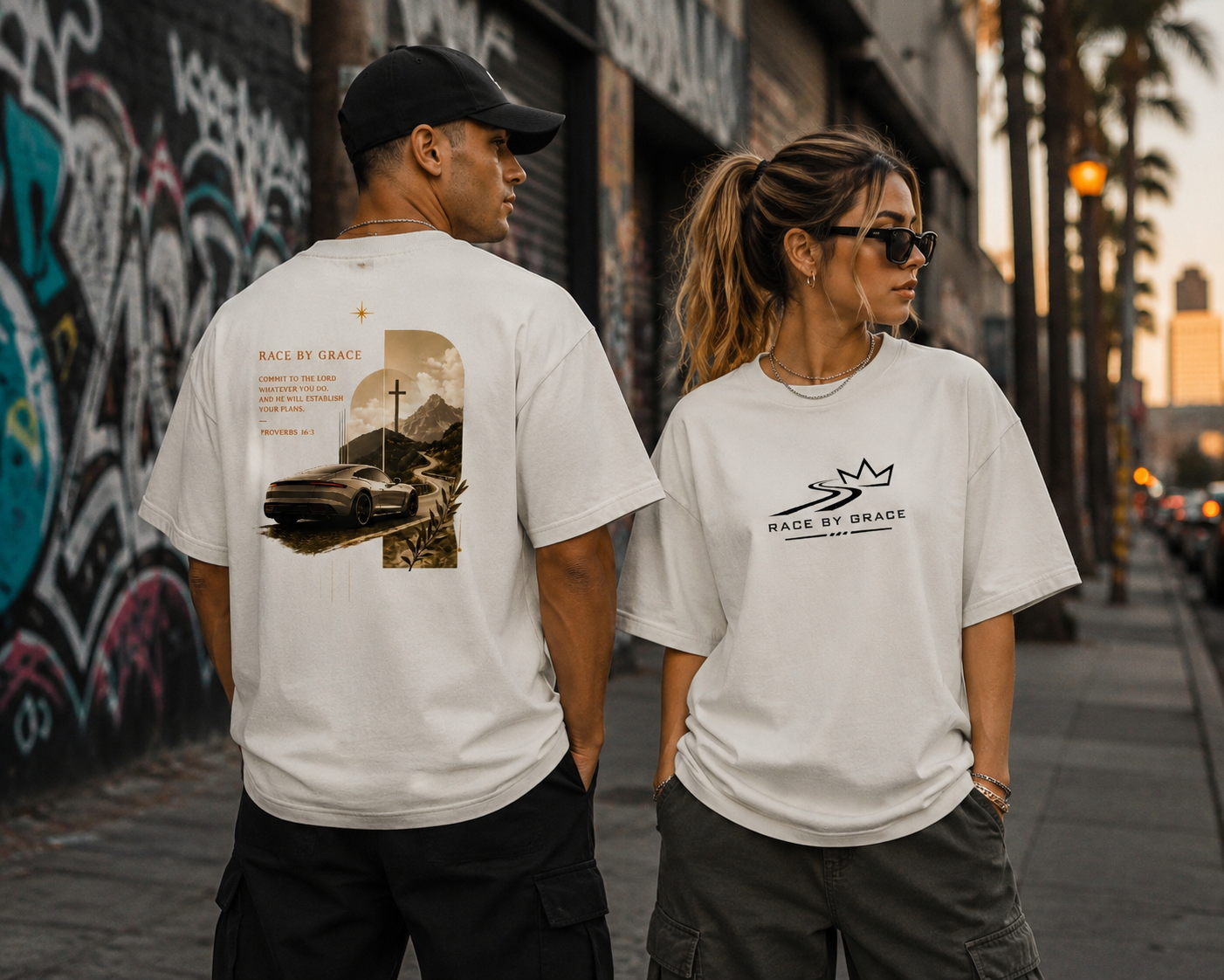 Model wearing Committed Christian streetwear t-shirt
