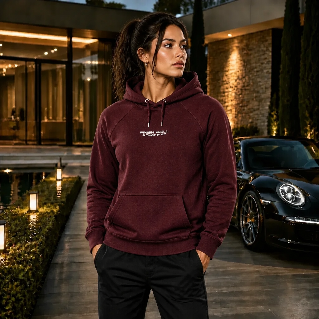 Model wearing Finish Well  Christian streetwear hoodie