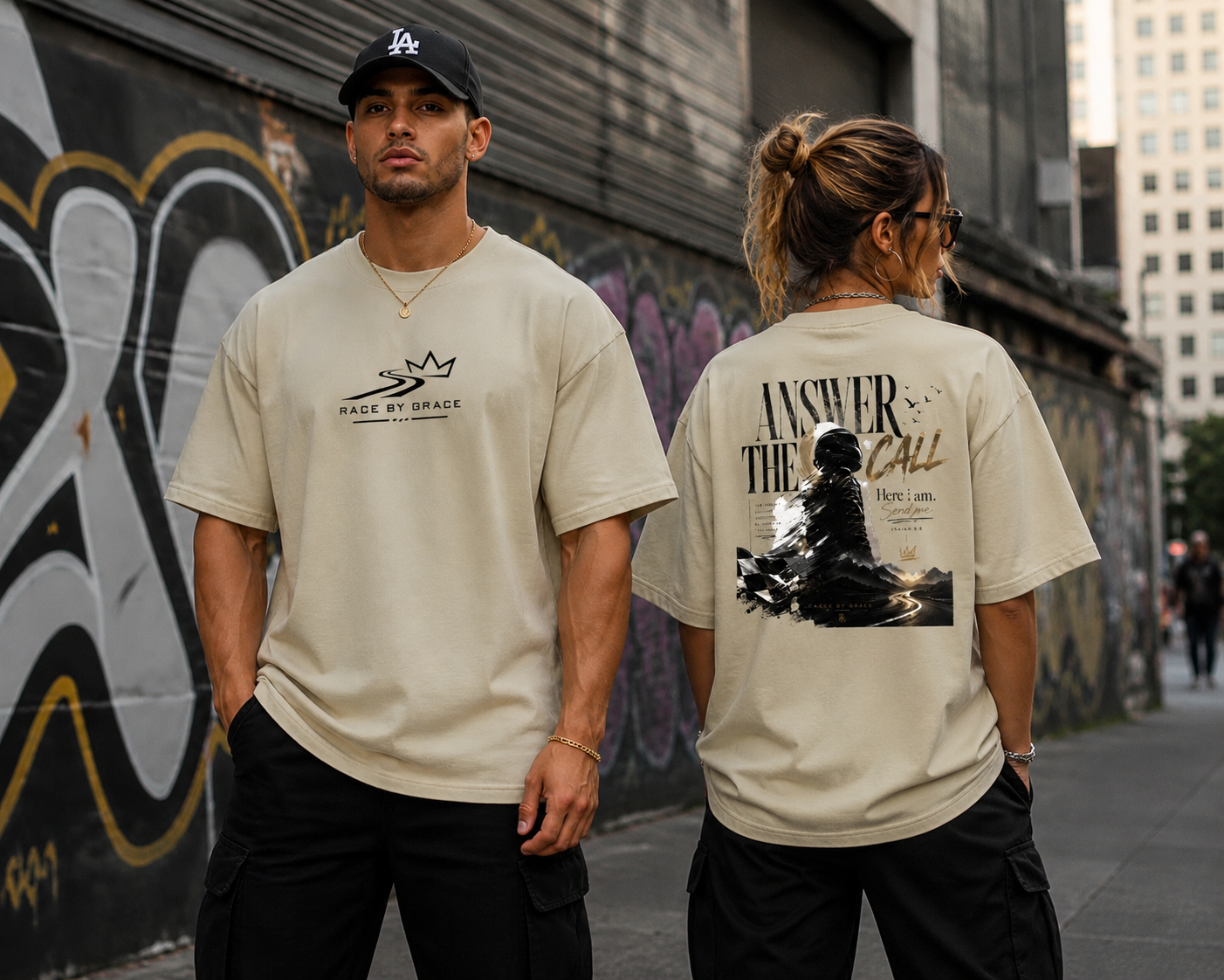 Model wearing Answer the Call Christian streetwear t-shirt 