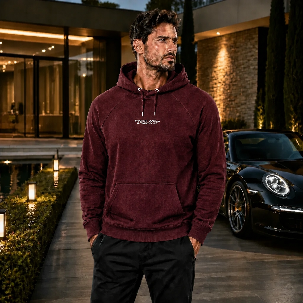 Model wearing Finish Well Christian streetwear hoodie