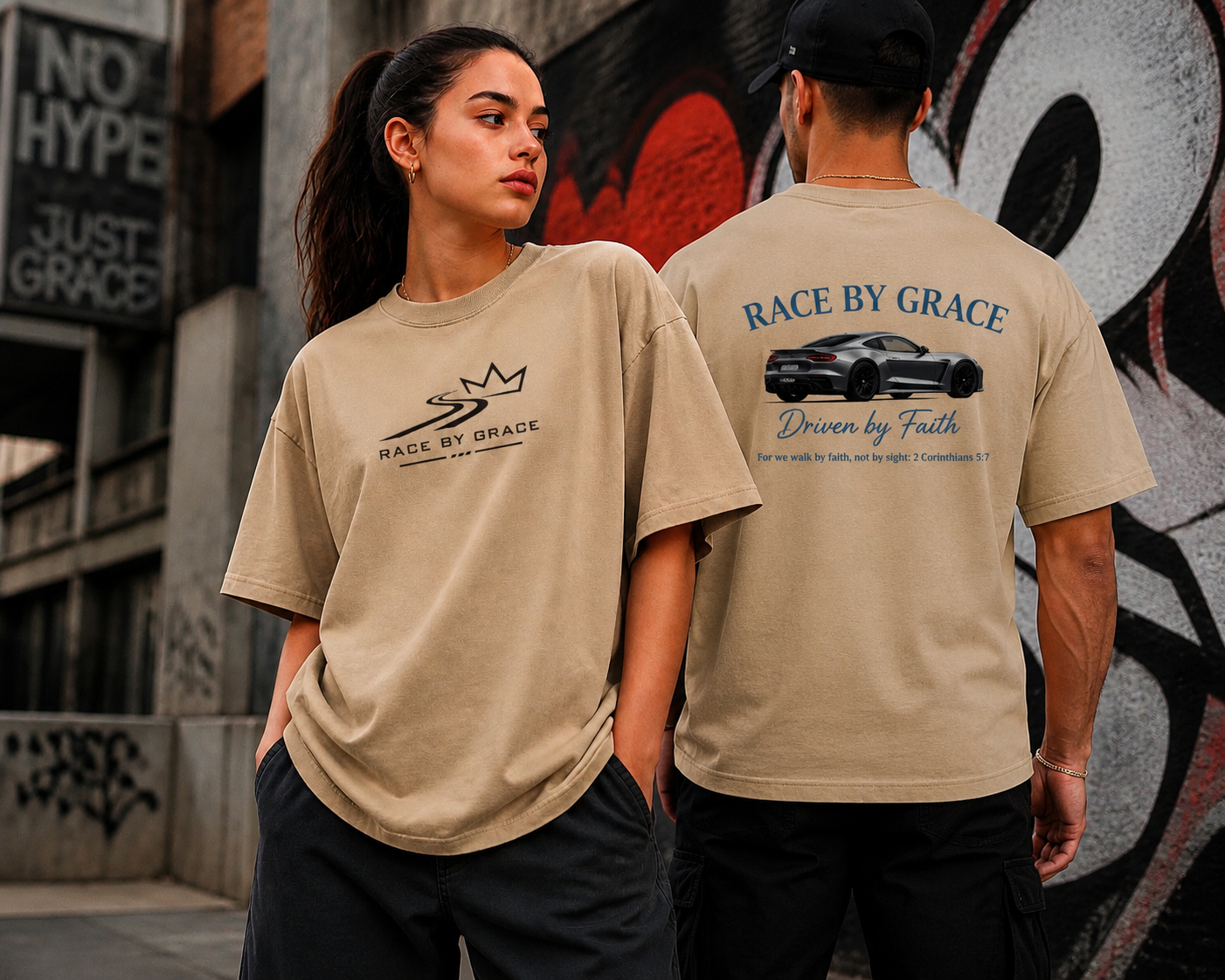 Model wearing Driven by Faith Christian streetwear t-shirt