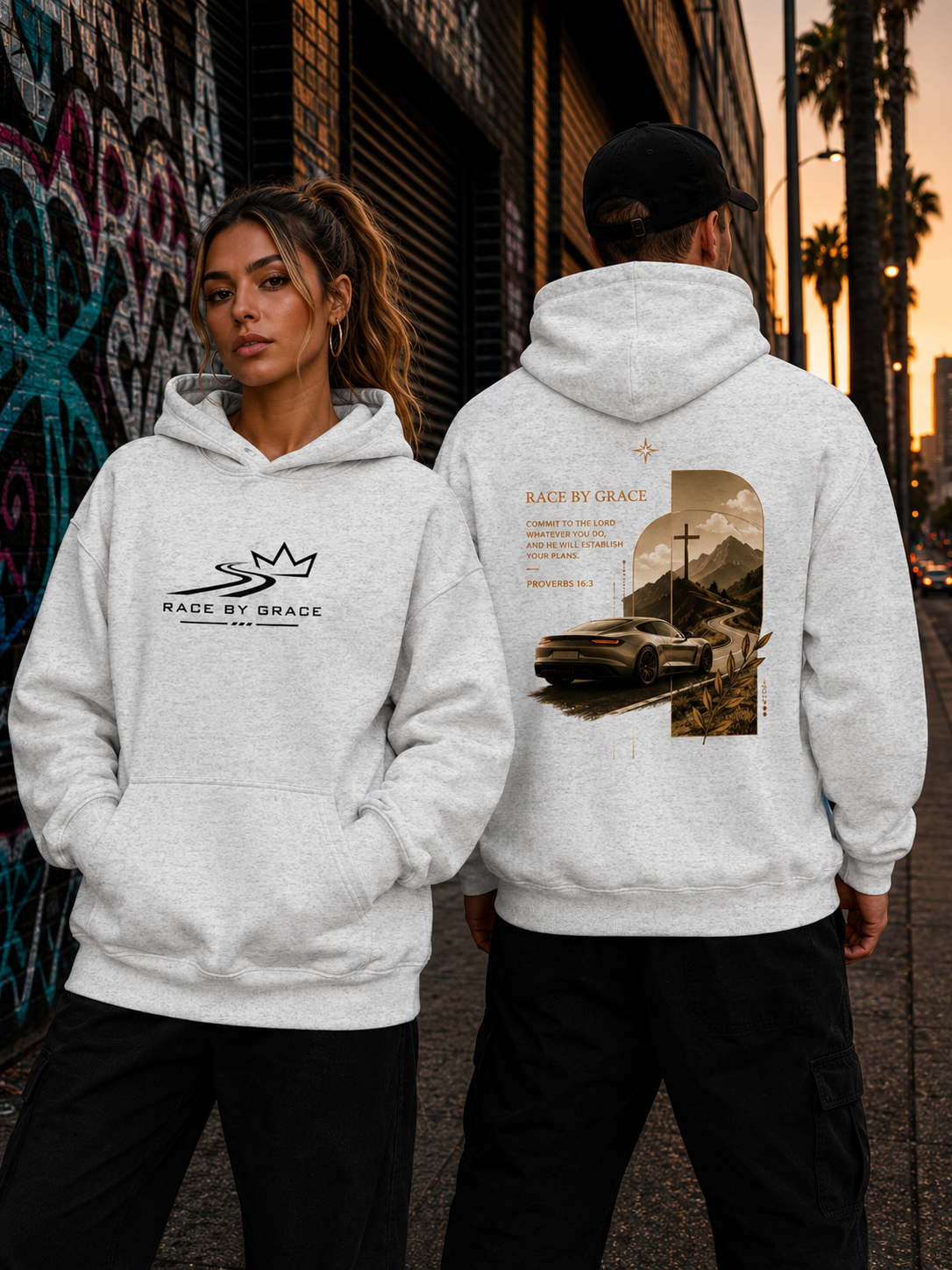 Model wearing Committed Christian streetwear  hoodie