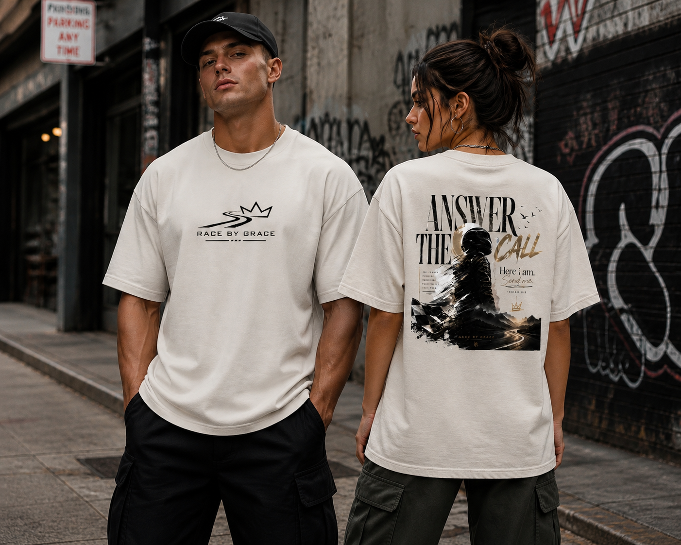 Model wearing Answer the Call Christian streetwear t-shirt 