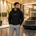 Model wearing Purpose over Fear Christian streetwear hoodie