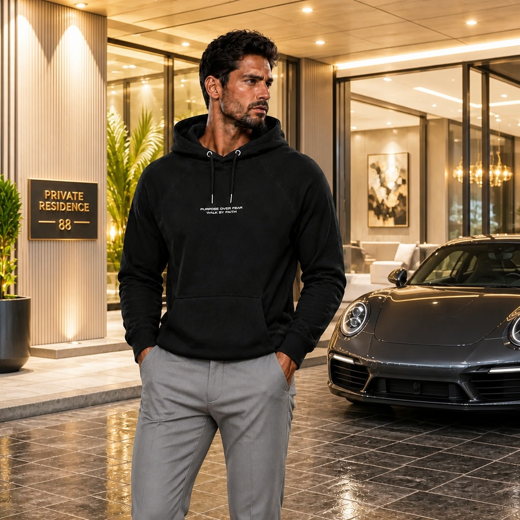 Model wearing Purpose over Fear Christian streetwear hoodie