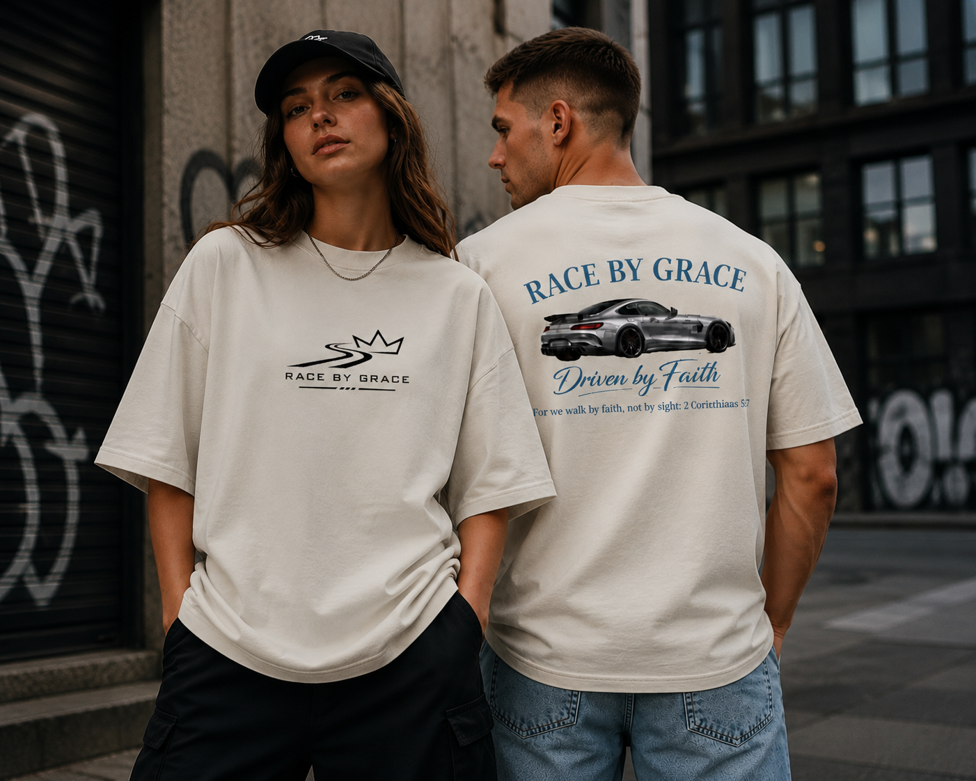 Model wearing Driven by Faith Christian streetwear t-shirt