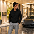 Model wearing Purpose over Fear Christian streetwear hoodie