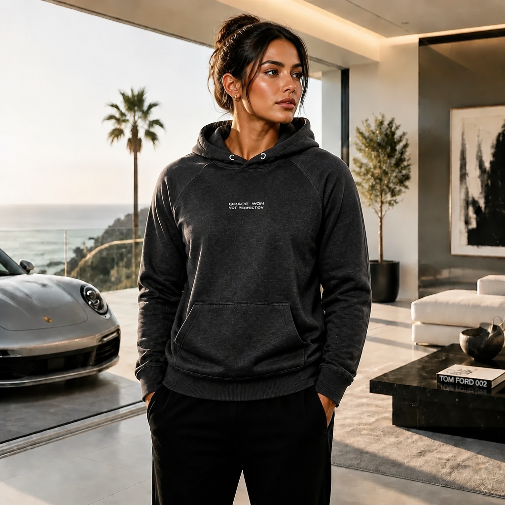 Model wearing Grace Won Christian streetwear hoodie