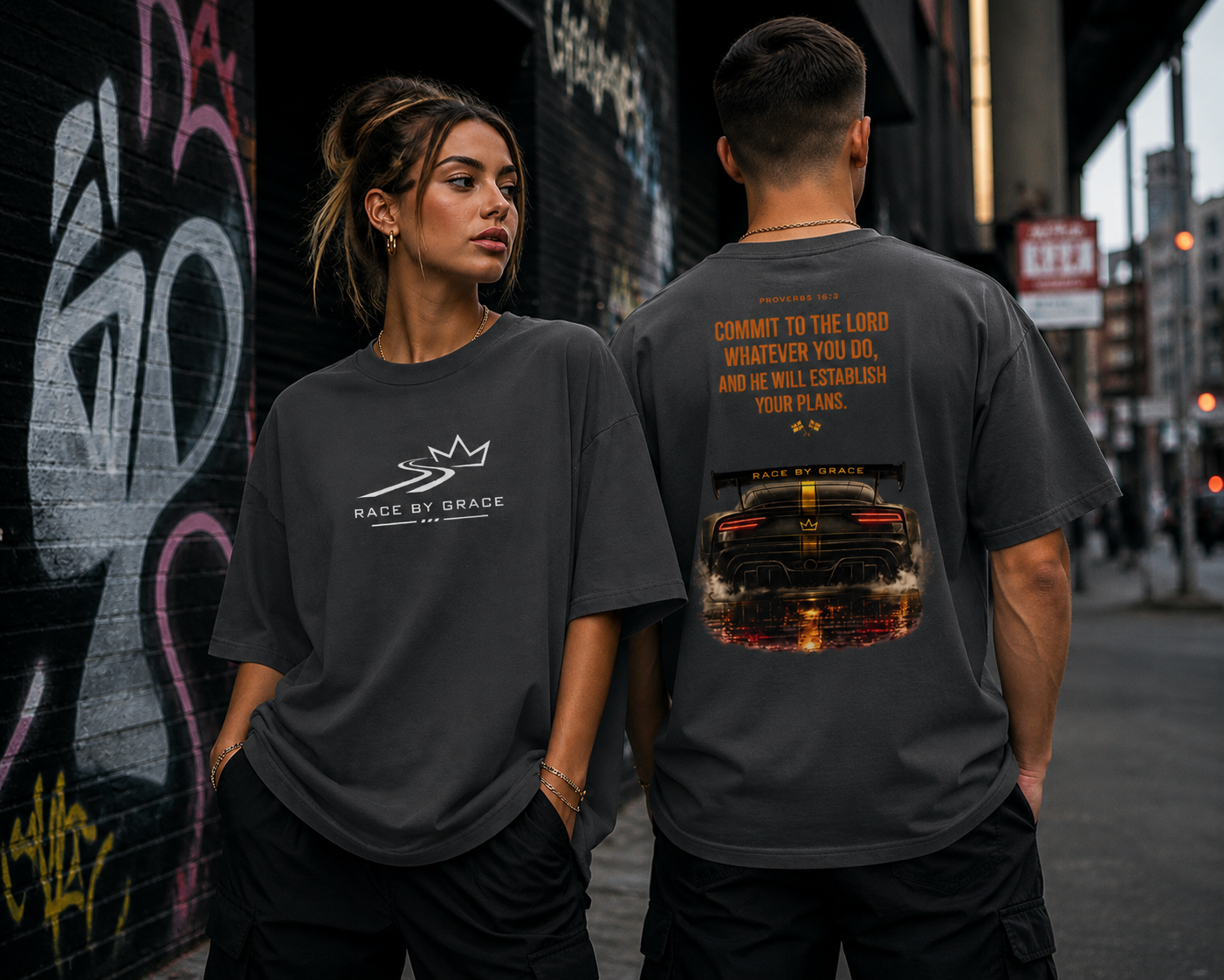 Model wearing Established Christian streetwear t-shirt