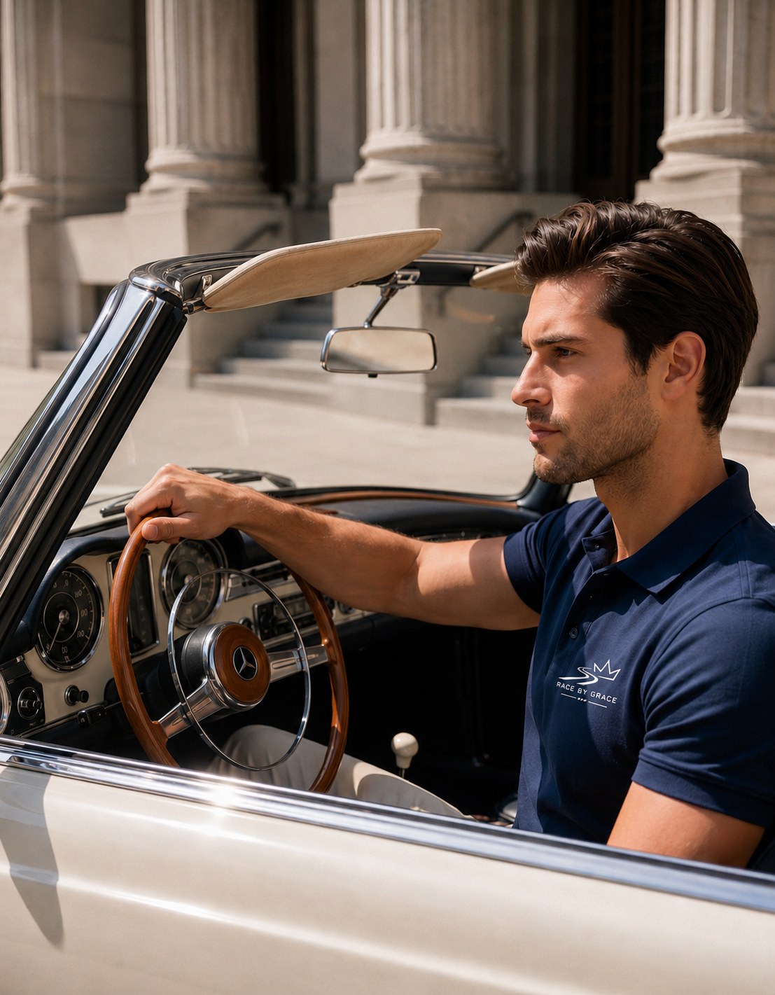 Model wearing Race by Grace Adidas Signature Polo, Christian Streetwear