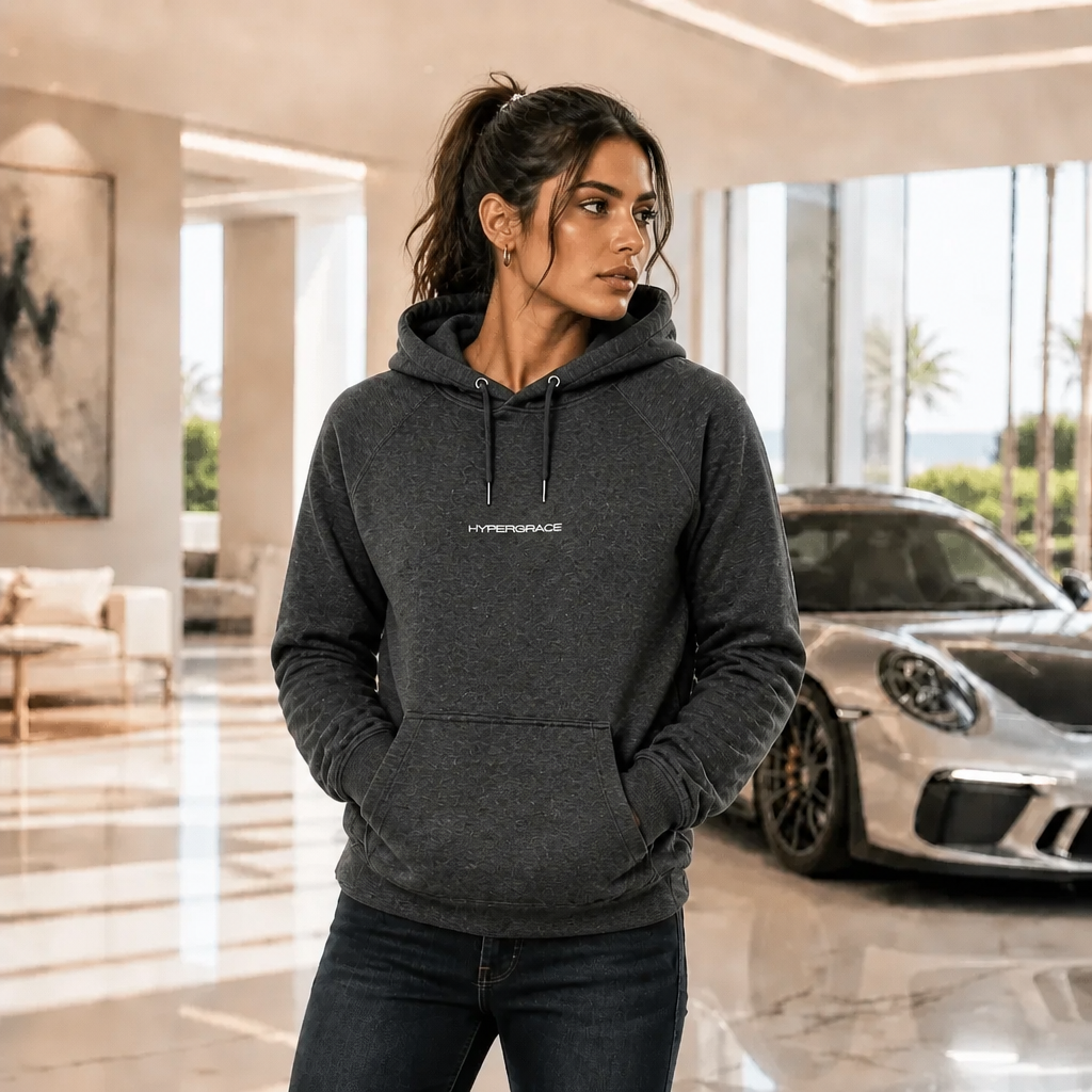  Model wearing Hypergrace Christian streetwear hoodie
