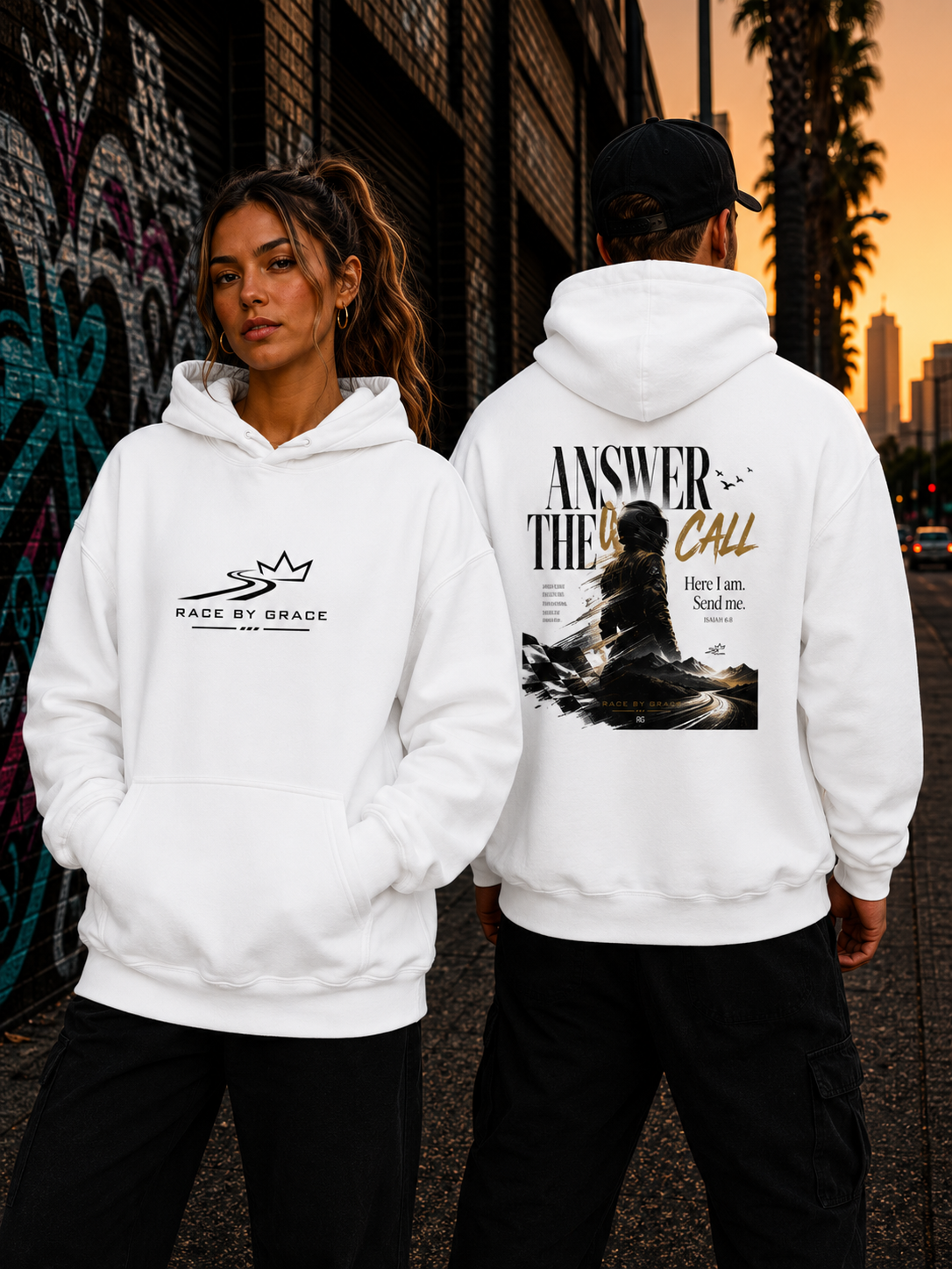 Model wearing Answer the call Christian streetwear  hoodie