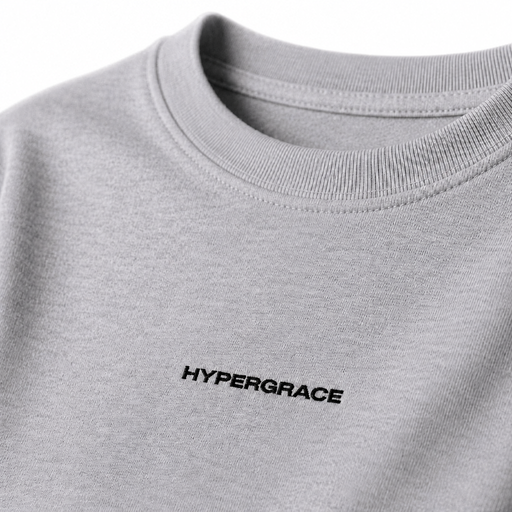 Close-up of embroidered on Hypergrace t-shirt