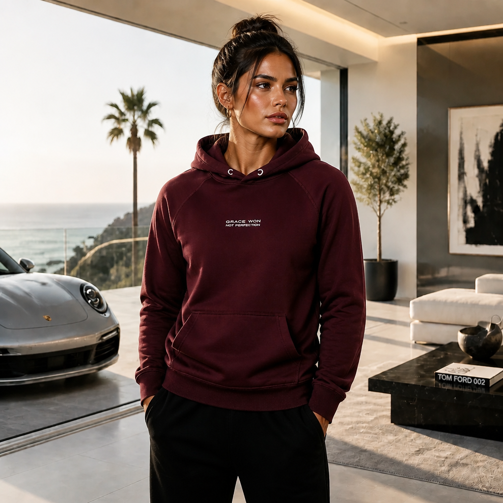 Model wearing Grace Won Christian streetwear hoodie
