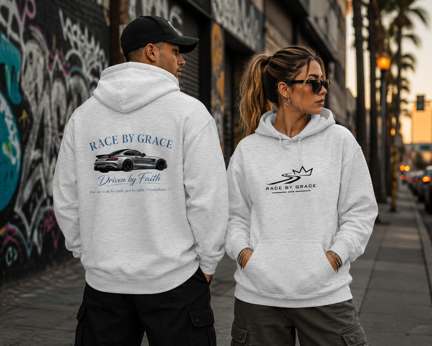Model wearing Driven by Faith Christian streetwear hoodie