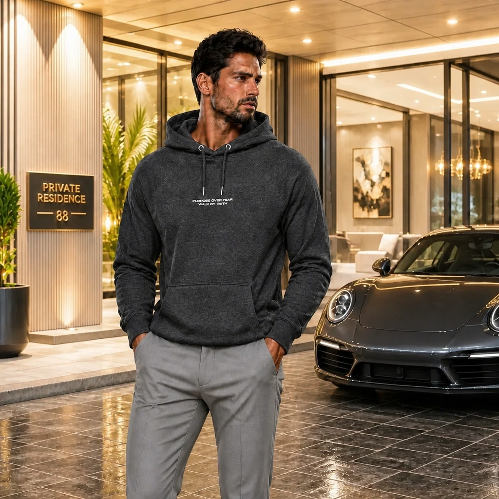 Model wearing Purpose over Fear Christian streetwear hoodie