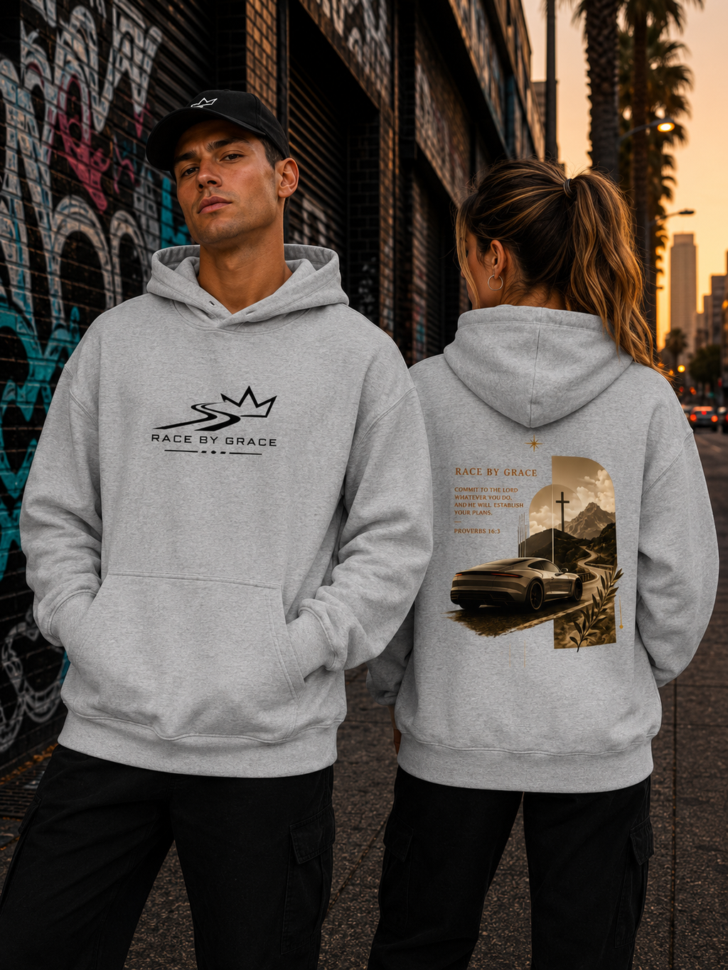 Model wearing Committed Christian streetwear hoodie