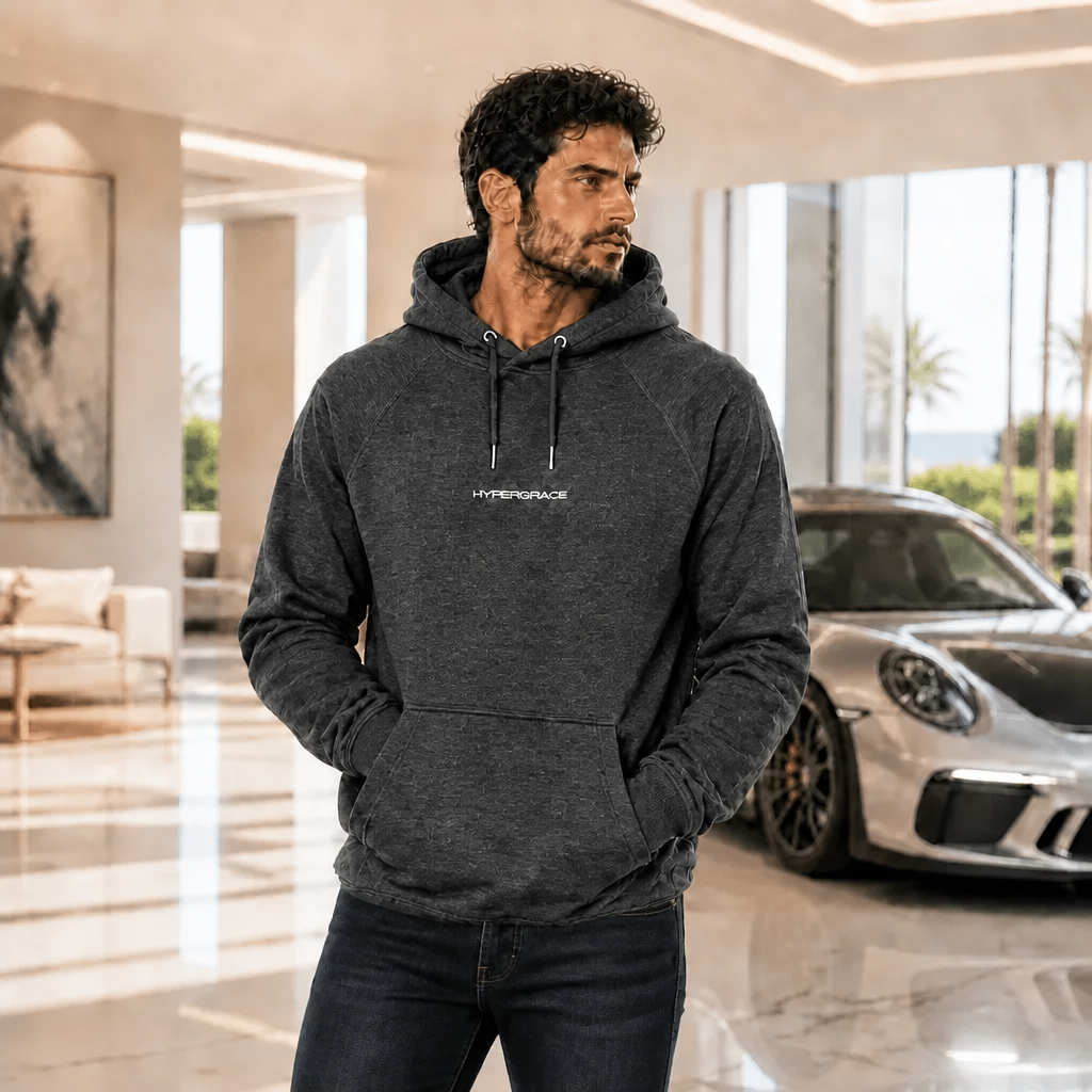 Model wearing Hypergrace Christian streetwear hoodie