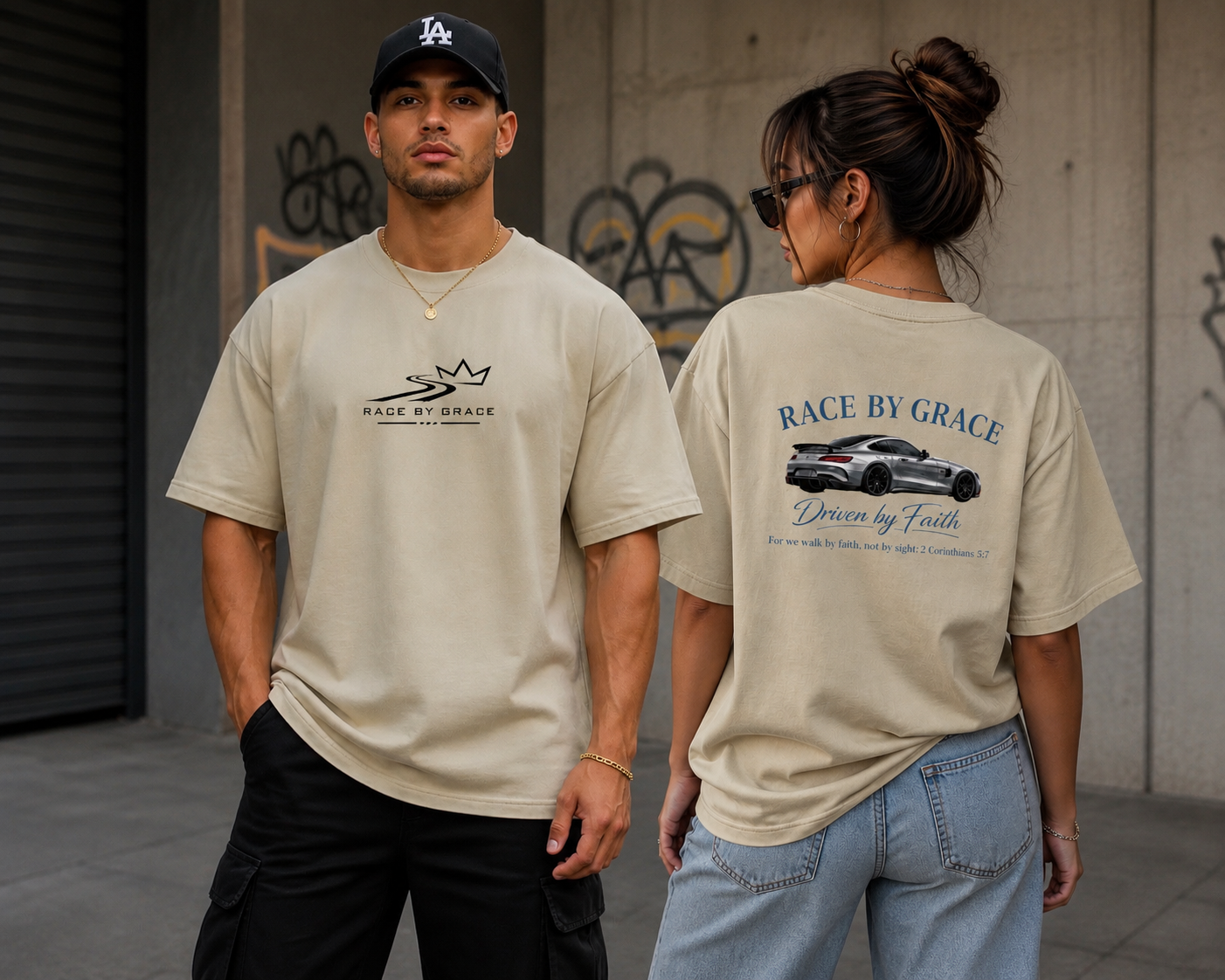 Model wearing Driven by Faith Christian streetwear t-shirt
