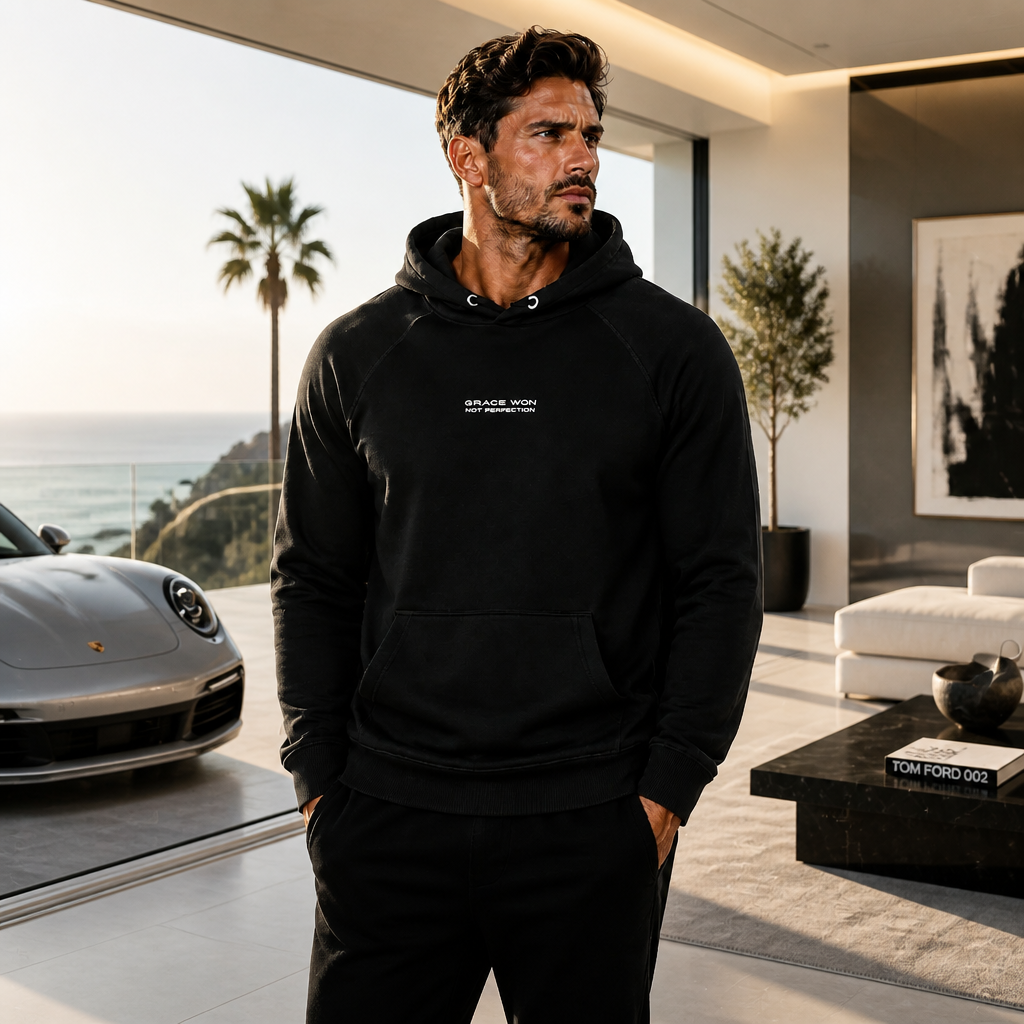 Model wearing Grace Won Christian streetwear hoodie