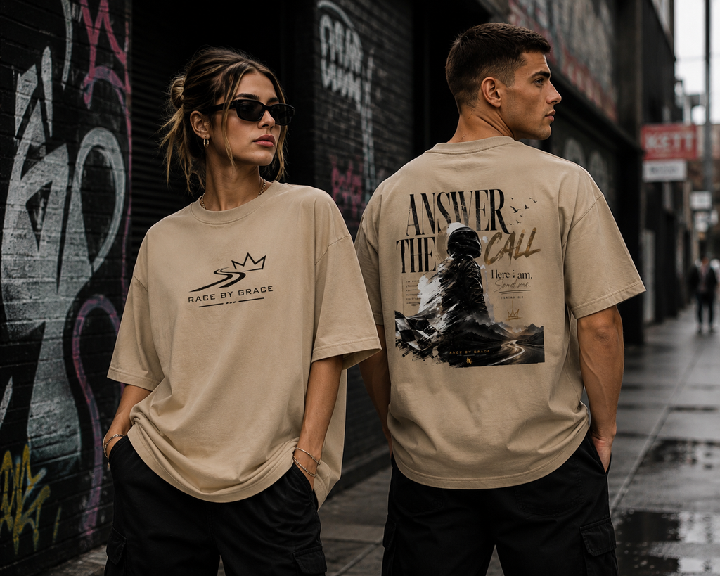 Model wearing Answer the Call Christian streetwear t-shirt 