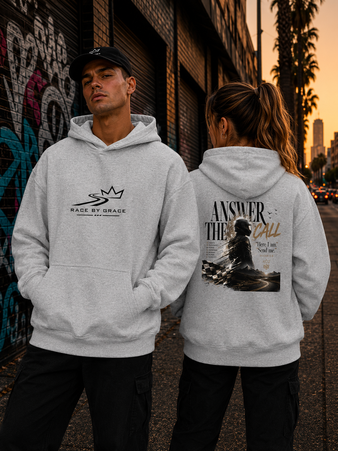 Model wearing Answer the call Christian streetwear  hoodie