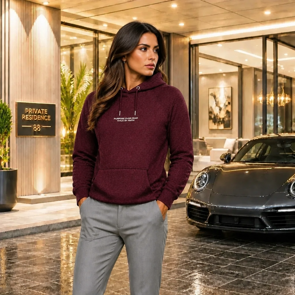 Model wearing Purpose over Fear Christian streetwear hoodie