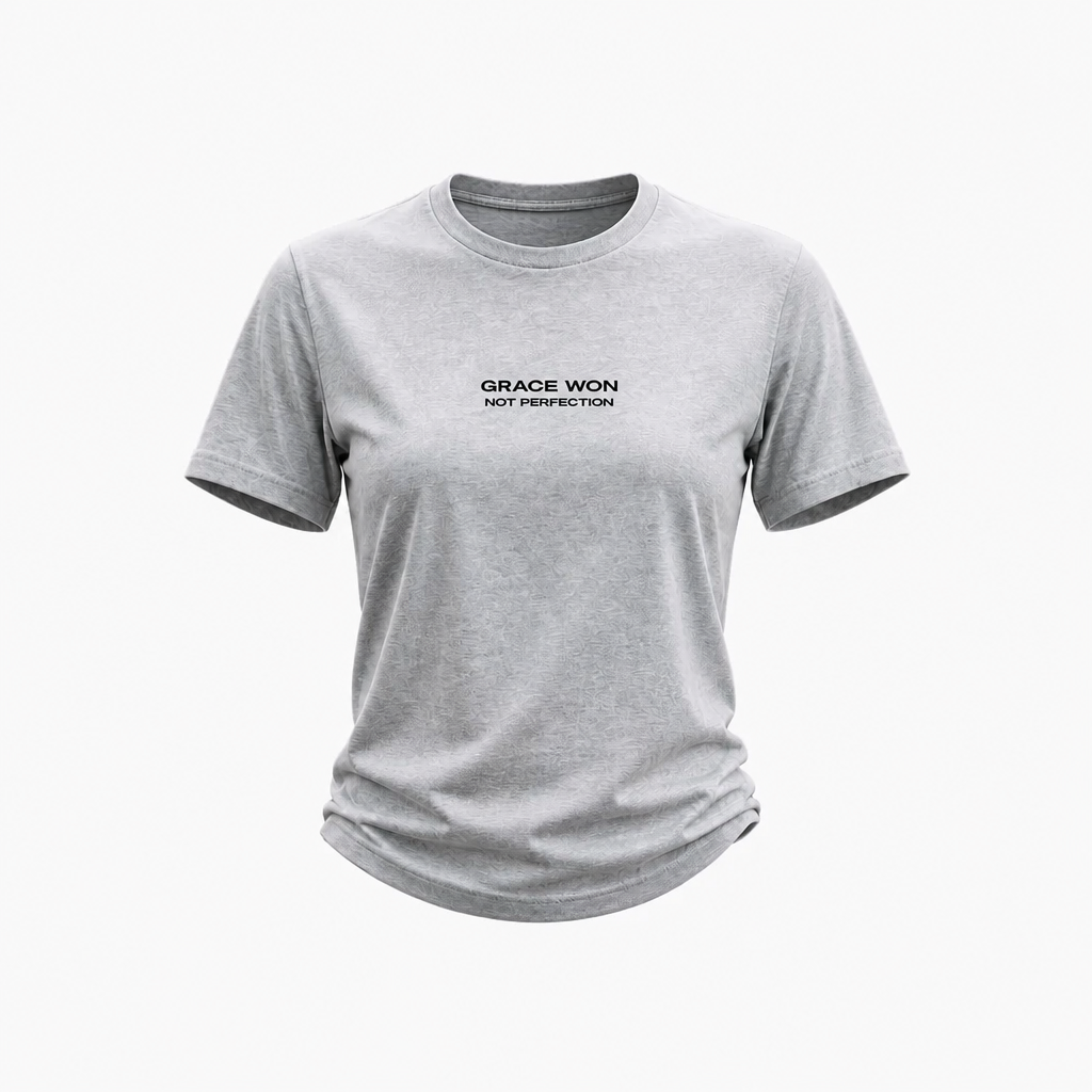 Close-up of embroidered stitching on Grace Won Not Perfection t-shirt