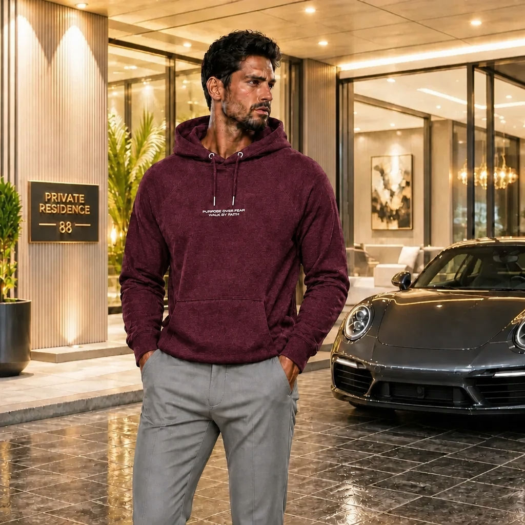 Model wearing Purpose over Fear Christian streetwear hoodie