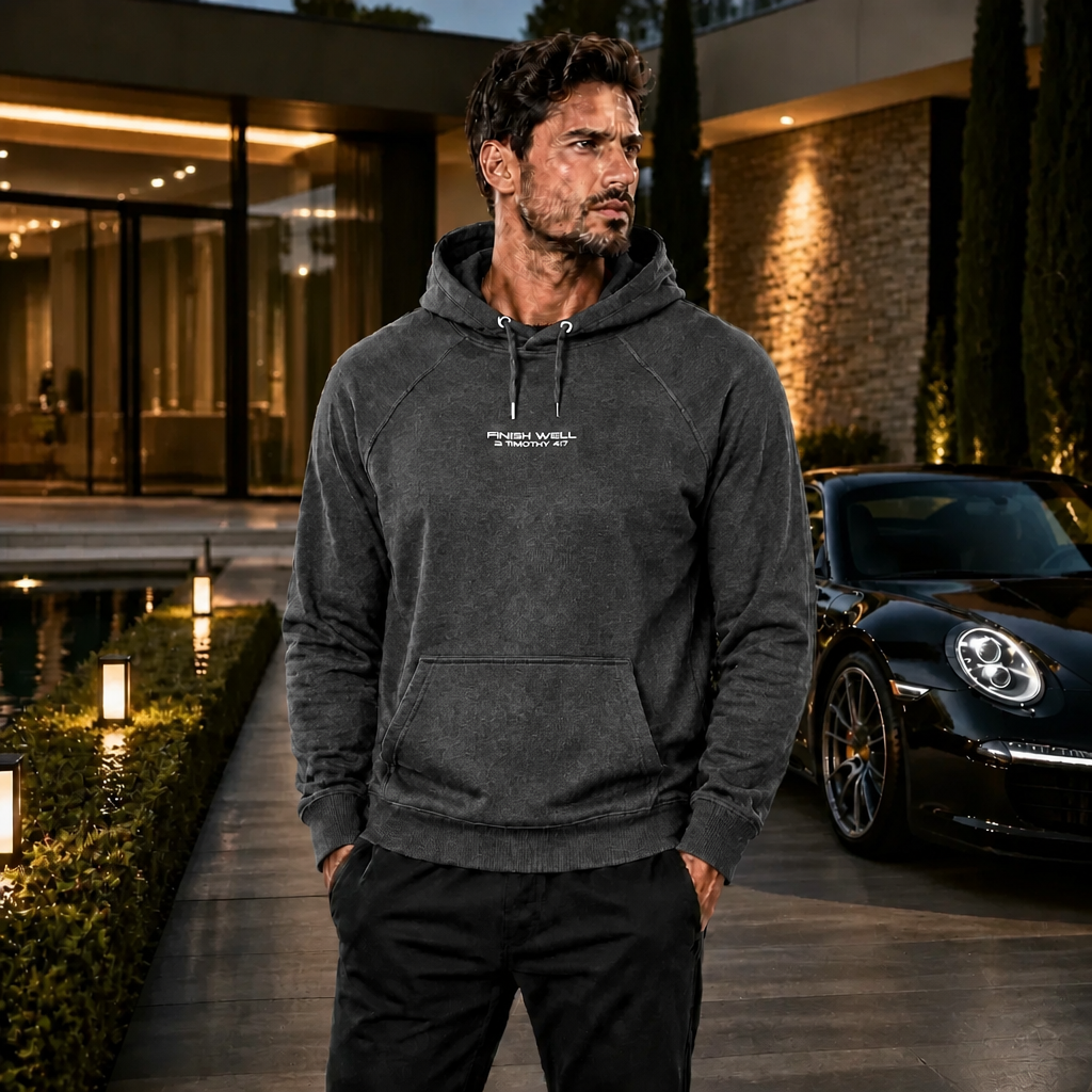 Model wearing Finish Well Christian streetwear hoodie
