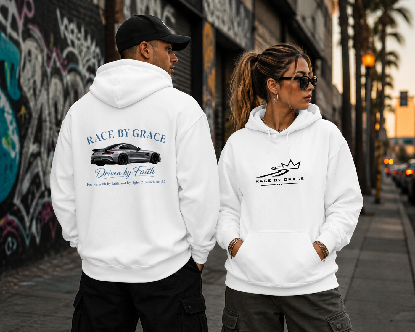 Model wearing Driven by Faith Christian streetwear hoodie