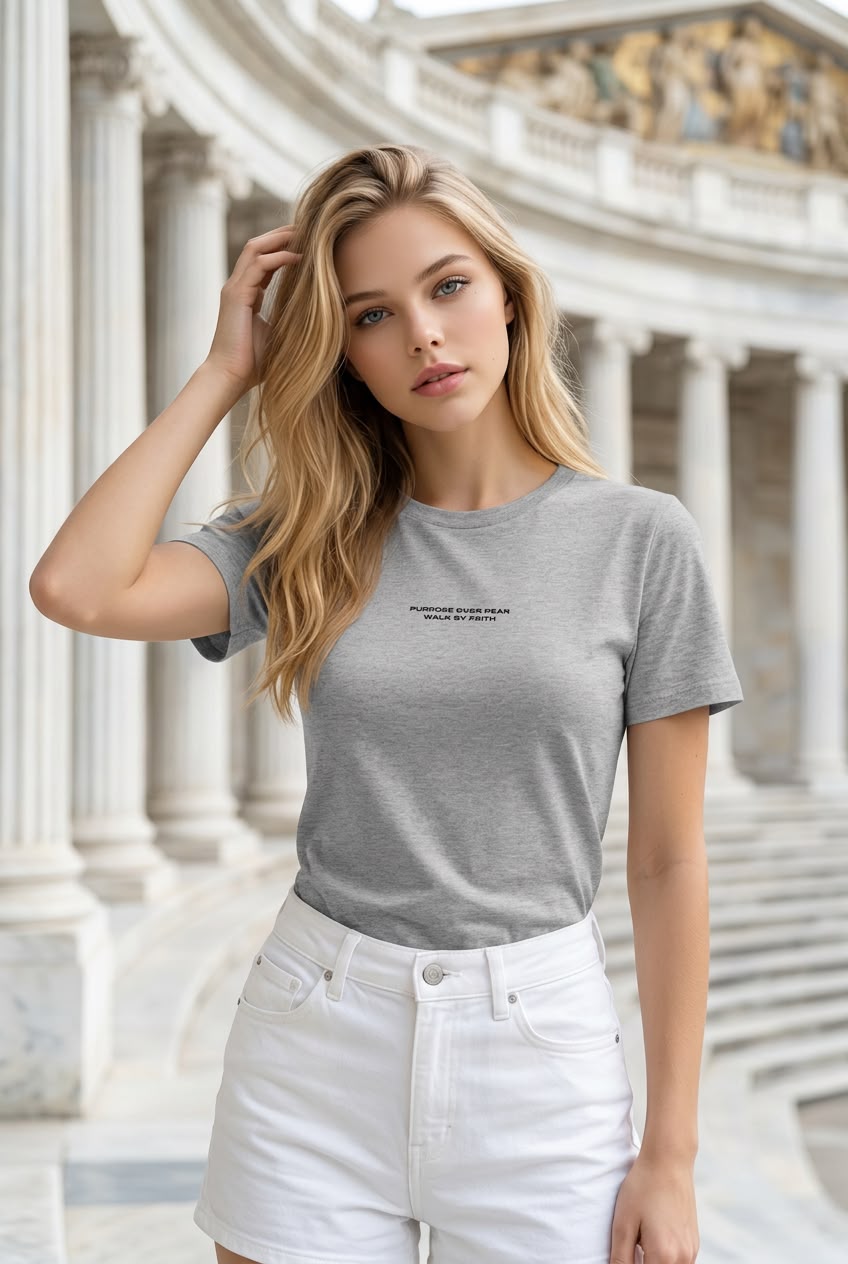 Model wearing Purpose over Fear Christian streetwear t-shirt
