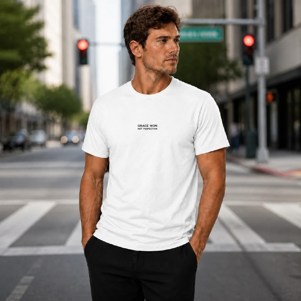 Model wearing Grace Won Christian streetwear t-shirt