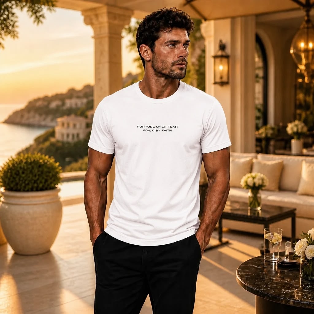 Model wearing Purpose over Fear Christian streetwear t-shirt