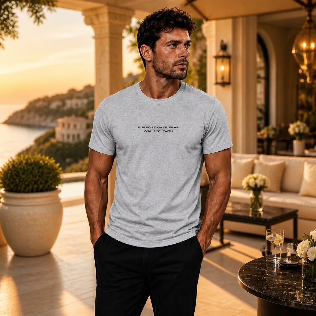 Model wearing Purpose over Fear Christian streetwear t-shirt