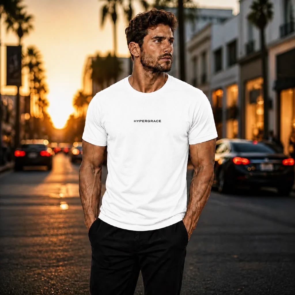 Model wearing Hypergrace Christian streetwear t-shirt