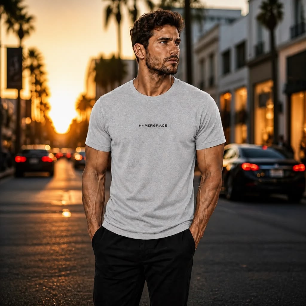 Model wearing Hypergrace Christian streetwear t-shirt