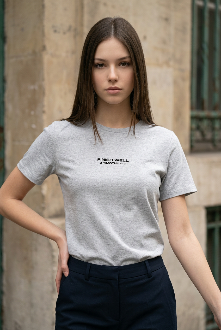 Model wearing Finish Well Christian streetwear t-shirt