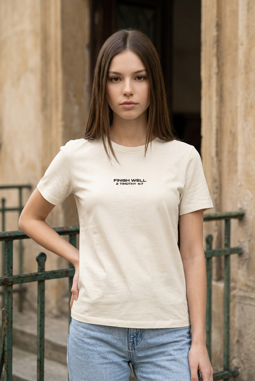 Model wearing Finish Well Christian streetwear t-shirt