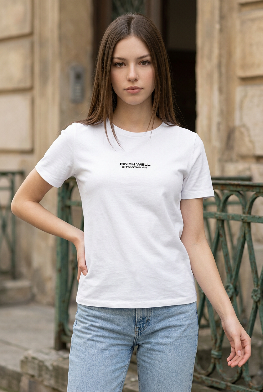 Model wearing Finish Well Christian streetwear t-shirt