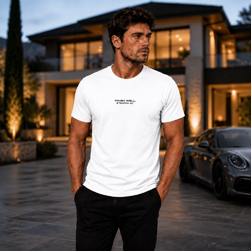 Model wearing Finish Well Christian streetwear t-shirt