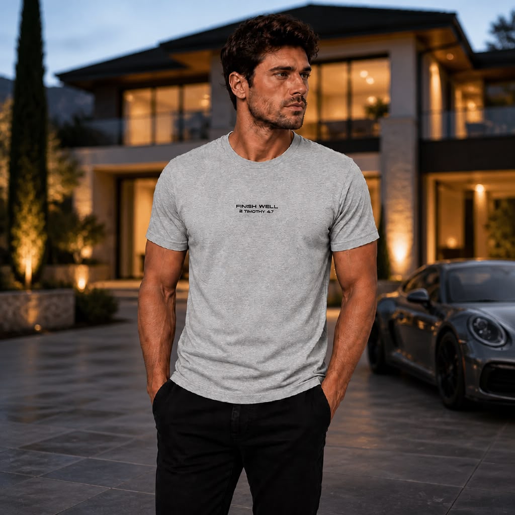 Model wearing Finish Well Christian streetwear t-shirt