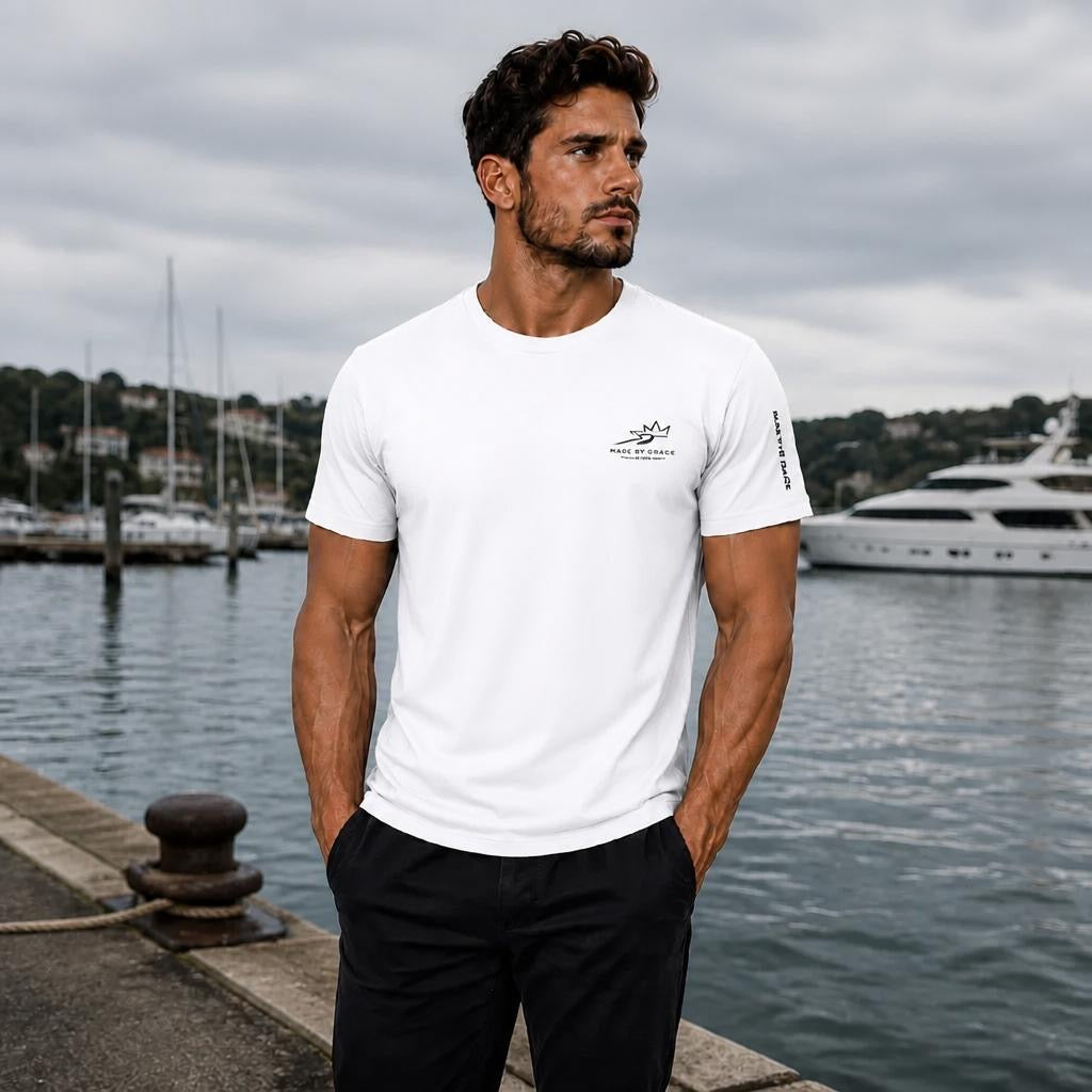 Model wearing Signature Christian streetwear t-shirt
